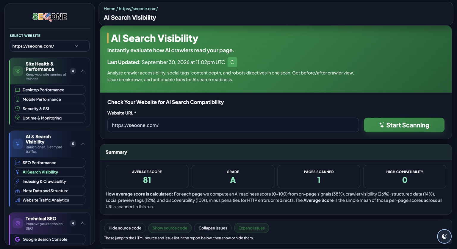 SEO ONE AI Search Visibility report dashboard