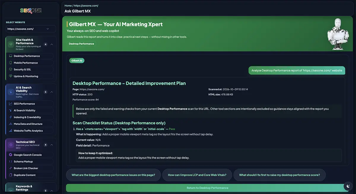 Gilbert MX inside SEO ONE, showing the actual report explanation and improvement plan interface.