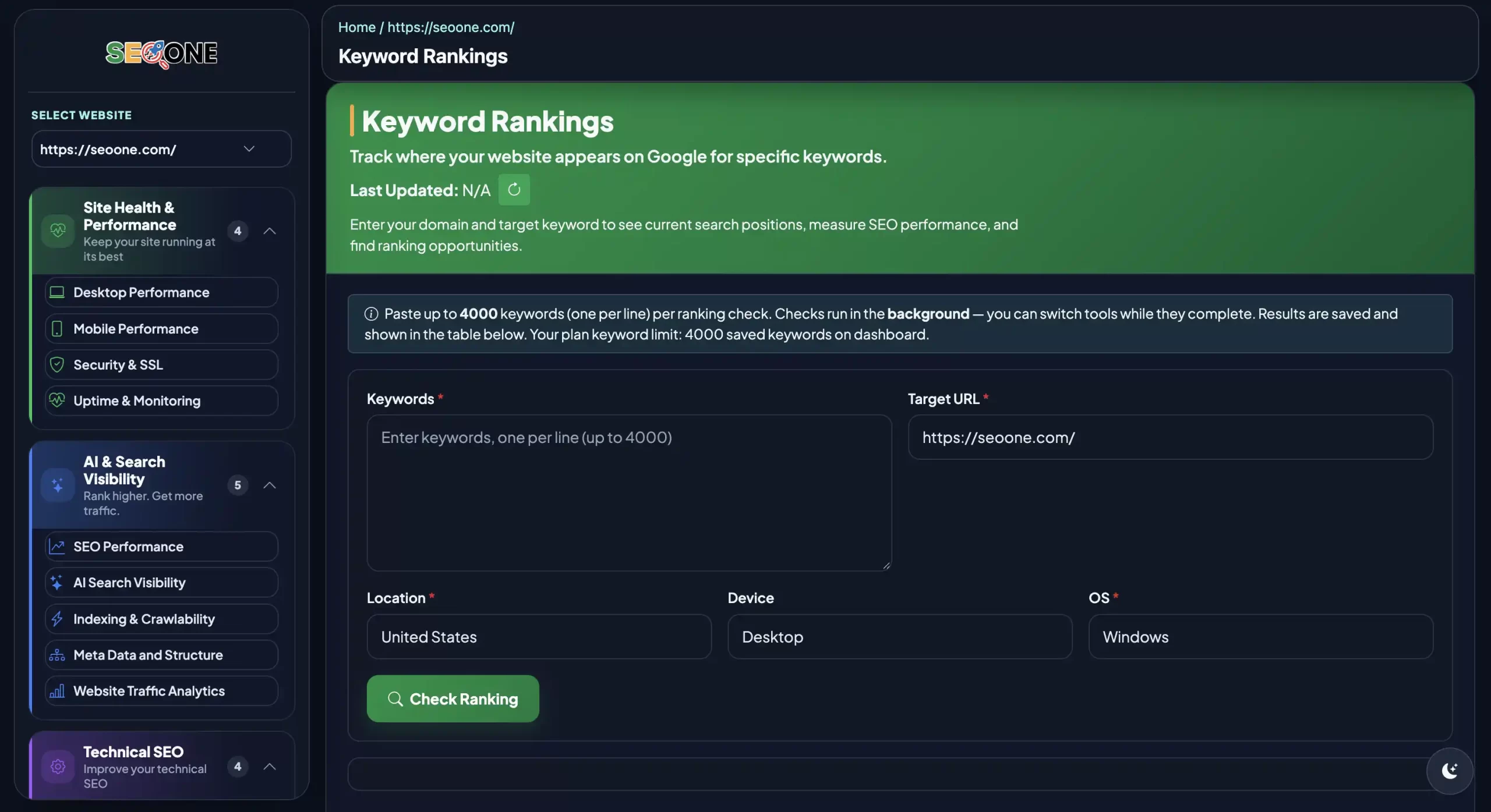 SEO ONE Keyword Rankings tool with keyword input, target URL, location, device and operating system settings