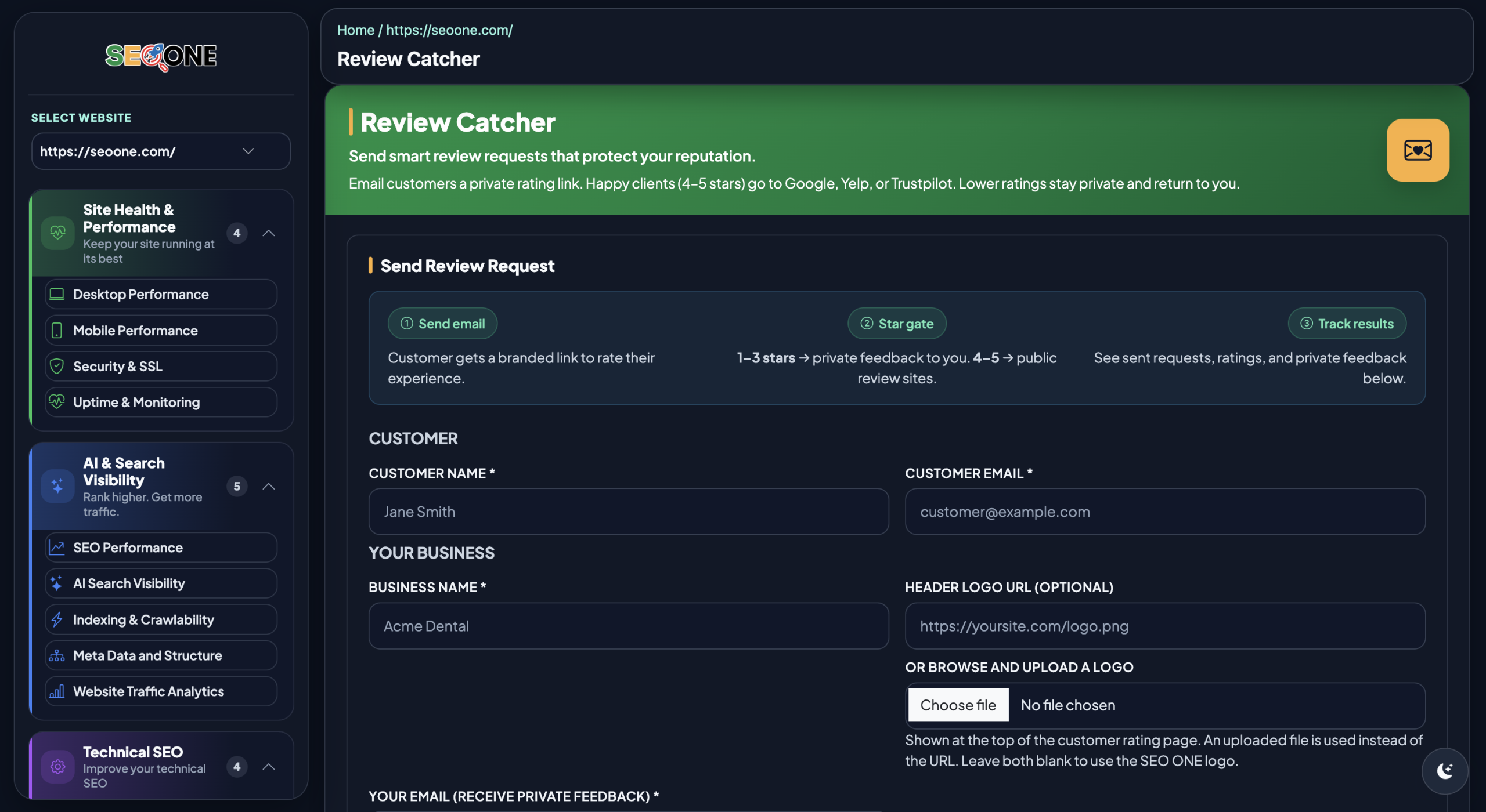 SEO ONE Review Catcher dashboard showing the send review request form, customer details and business branding settings