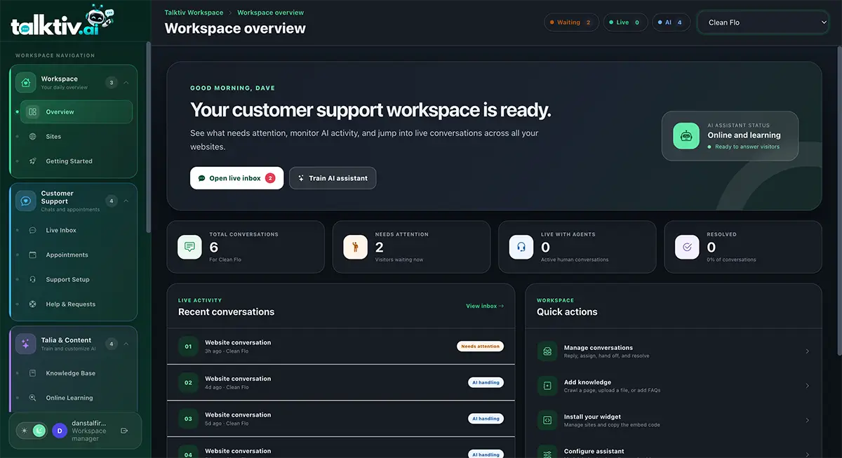 Talktiv.ai dashboard with conversation activity and assistant status